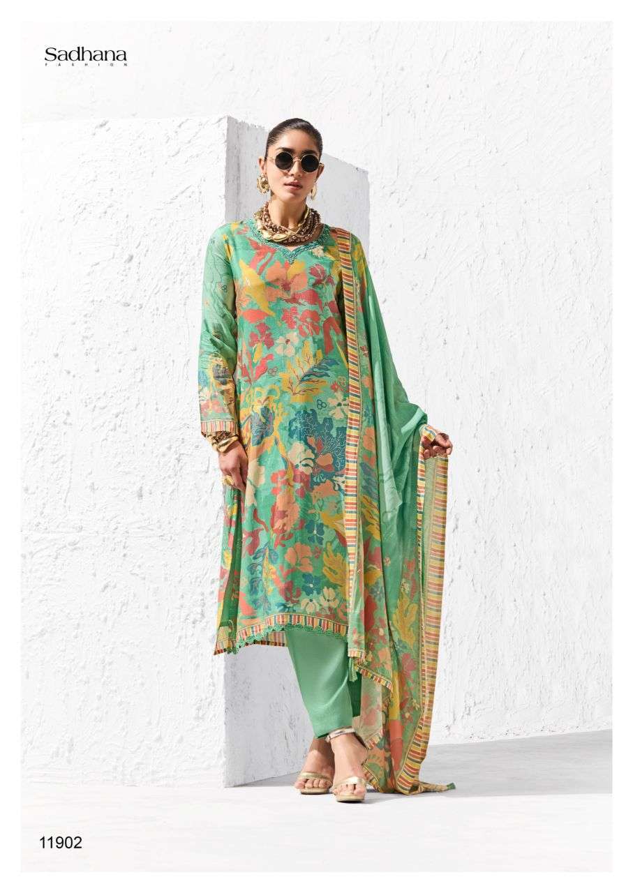 CORAL SERIES 11901 TO 11906 BY SADHANA DESIGNER DIGITAL PRINTED AND WORK BEMBERG MUSLIN SILK SUITS ARE AVAILABLE AT WHOLESALE PRICE