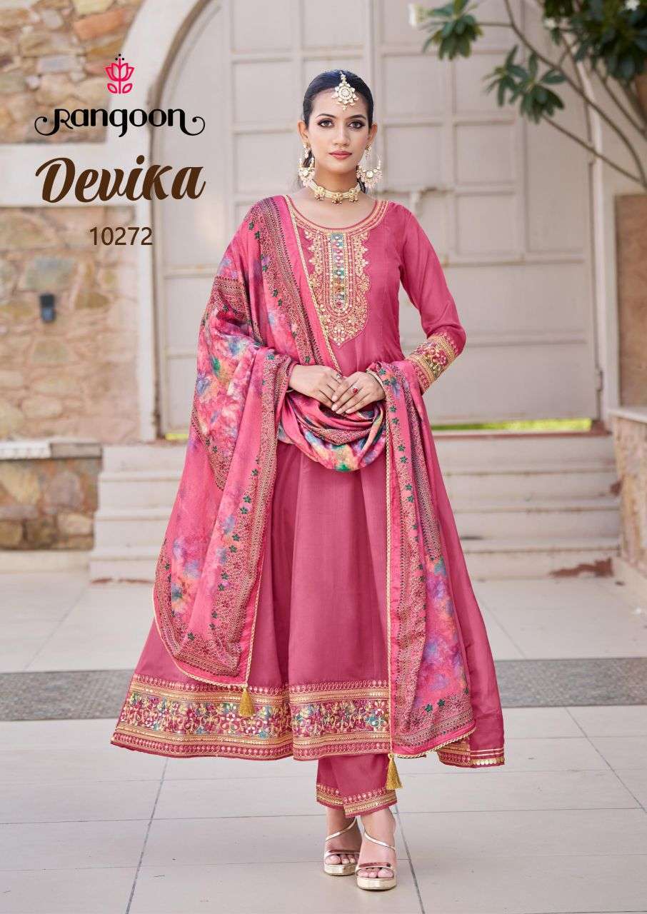 DEVIKA SERIES 10271 TO 10274 BY RANGOON DESIGNER EMBROIDERY WORK ANARKALI KURTI WITH BOTTOM AND DUPATTA ARE AVAILABLE AT WHOLESALE PRICE