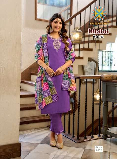 DHABU VOL-1 SERIES 1001 TO 1008 BY PASSION TREE DESIGNER EMBROIDERY WORK COTTON TOP WITH BOTTOM AND DUPATTA ARE AVAILABLE AT WHOLESALE PRICE