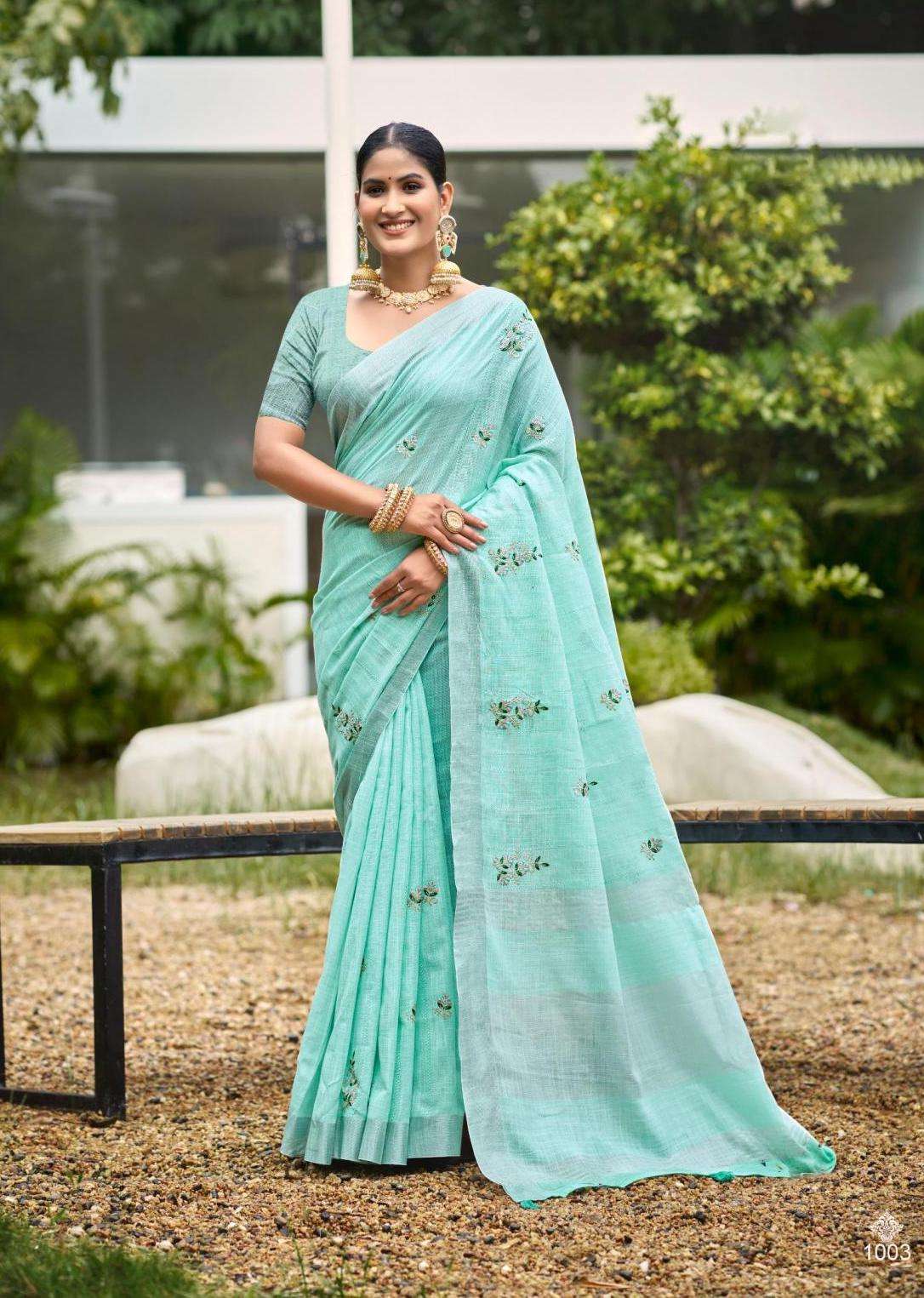 FLORINA SERIES 1001 TO 1006 SAREE BY BUNAWAT DESIGNER WORK LINEN SAREES ARE AVAILABLE AT WHOLESALE PRICE