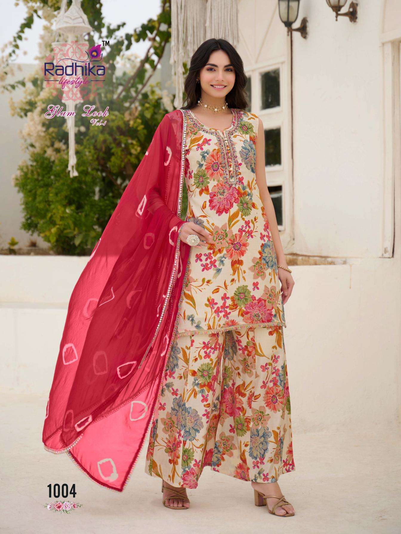 GLAM LOOK VOL-1 SERIES 1001 TO 1006 BY RADHIKA LIFESTYLE DESIGNER HAND WORK MILANO SILK TOP WITH PLAZZO AND DUPATTA ARE AVAILABLE AT WHOLESALE PRICE