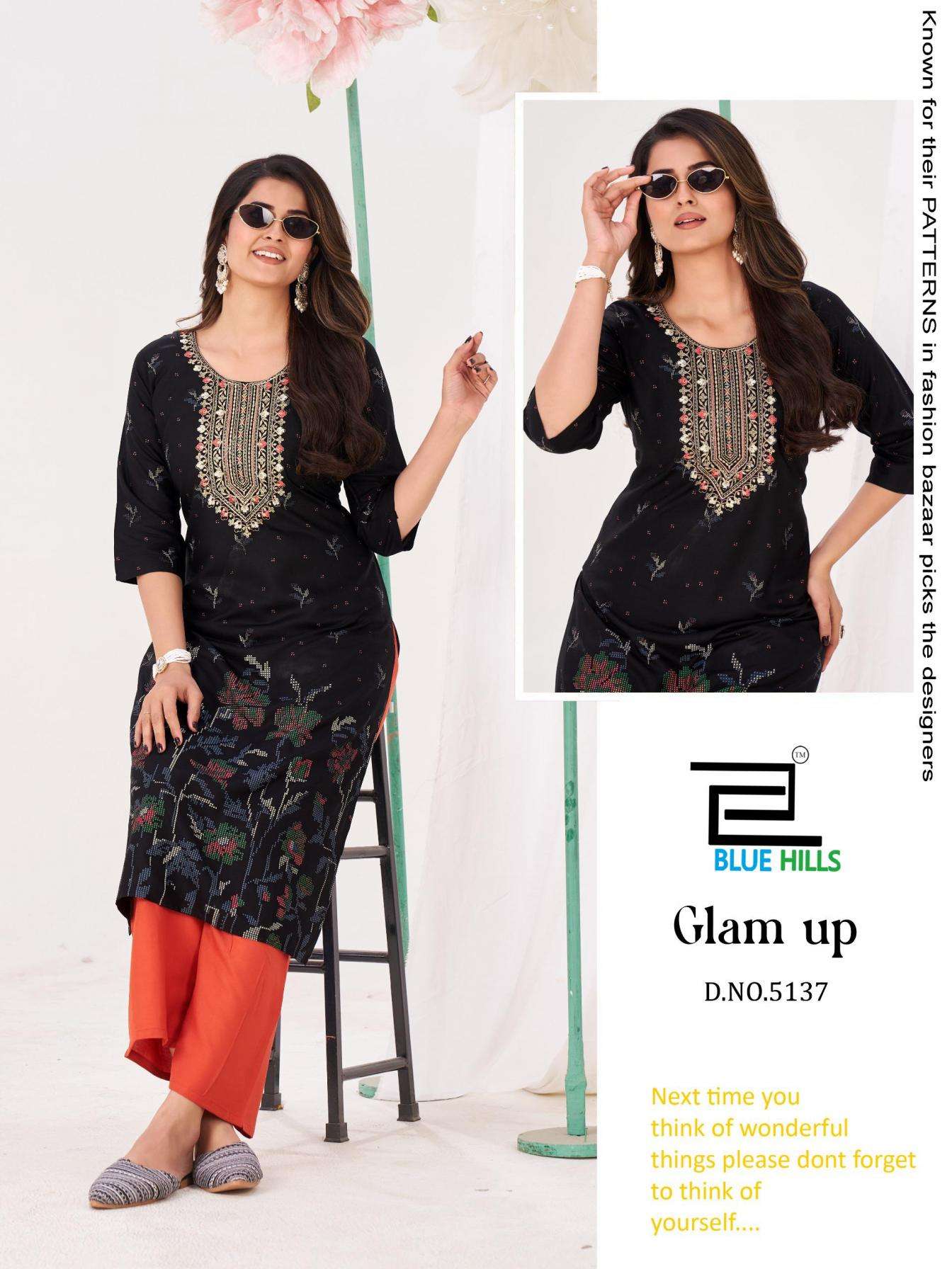 GLAM UP SERIES 5133 TO 5138 BY BLUE HILLS DESIGNER KURTI WITH PLAZZO ARE AVAILABLE AT WHOLESALE PRICE