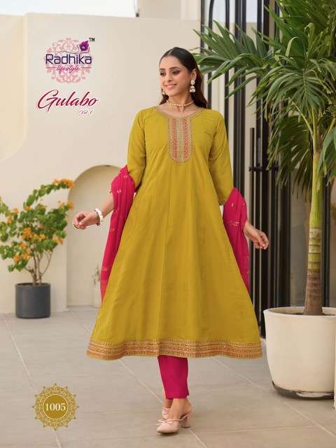 GULABO VOL-1 SERIES 1001 TO 1006 BY RADHIKA LIFESTYLE DESIGNER WORK ANARKALI KURTI WITH BOTTOM AND DUPATTA ARE AVAILABLE AT WHOLESALE PRICE