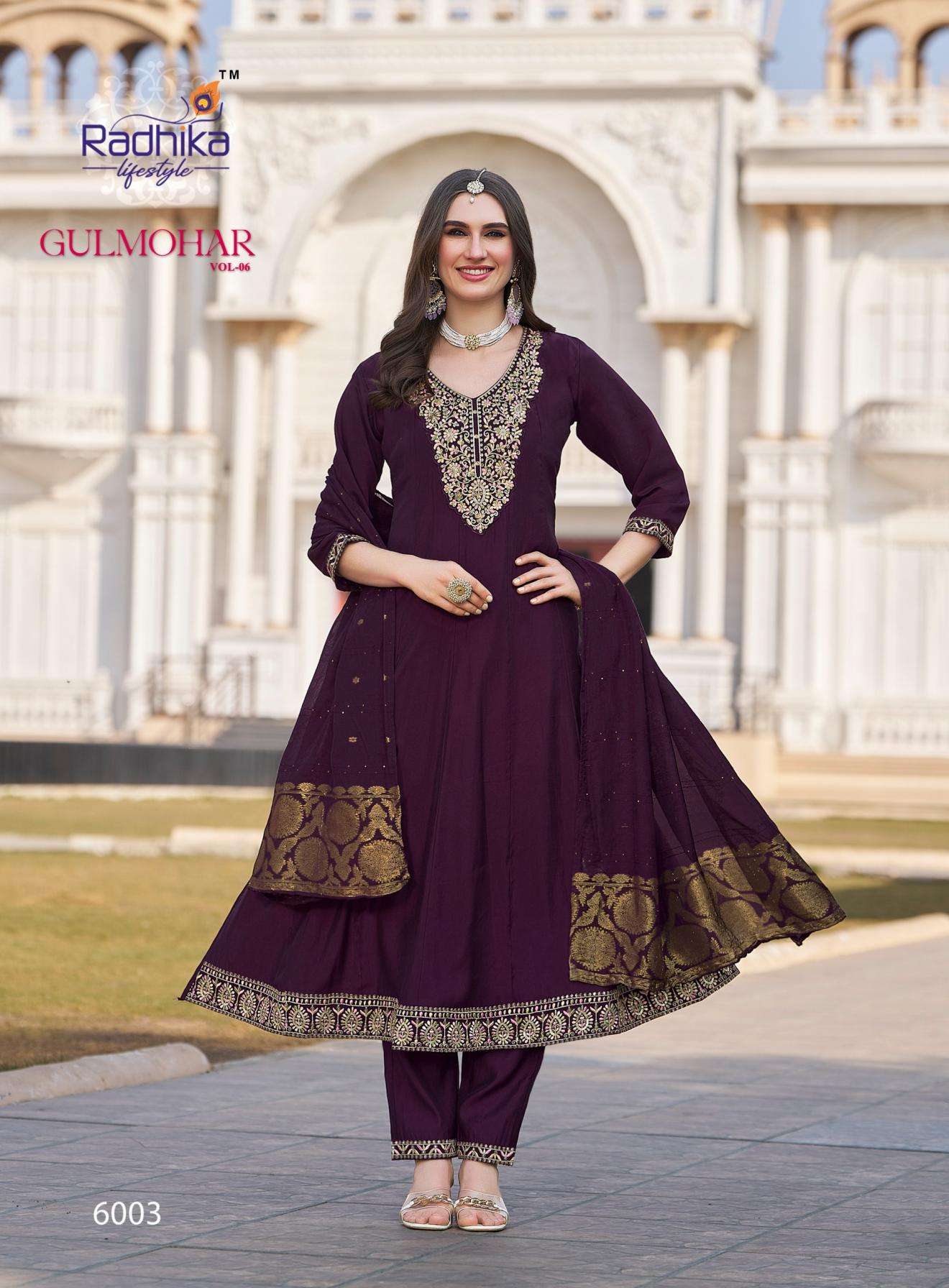 GULMOHAR VOL-6 SERIES 6001 TO 6006 BY RADHIKA LIFESTYLE DESIGNER ROMAN SILK ANARKALI KURTI WITH PANT AND DUPATTA ARE AVAILABLE AT WHOLESALE PRICE