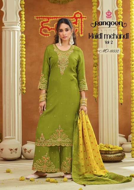 HALDI MEHANDI VOL-2 SERIES 10331 TO 10332 BY RANGOON DESIGNER FANCY WORK CHINON KURTI WITH BOTTOM AND DUPATTA ARE AVAILABLE AT WHOLESALE PRICE