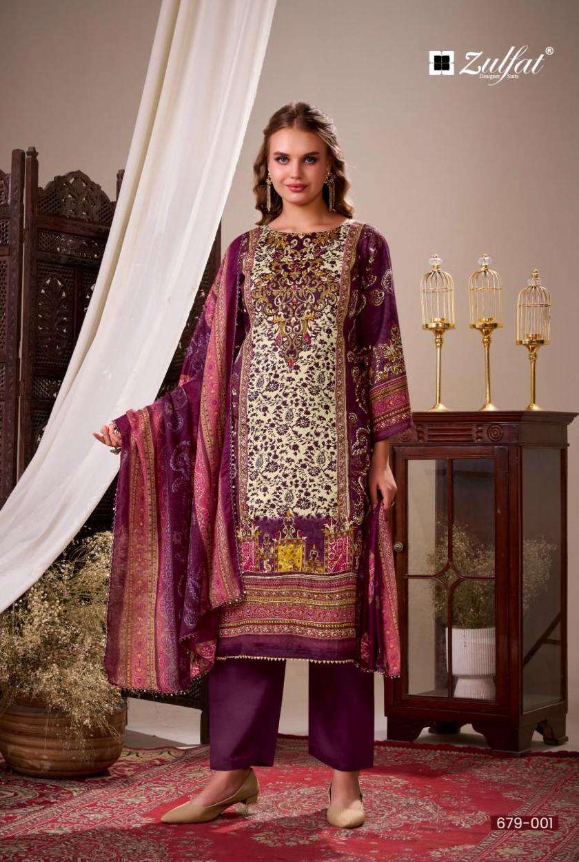 HANIYA SERIES 679 BY ZULFAT DESIGNER HAND WORK ZAM COTTON SATIN SUITS ARE AVAILABLE AT WHOLESALE PRICE