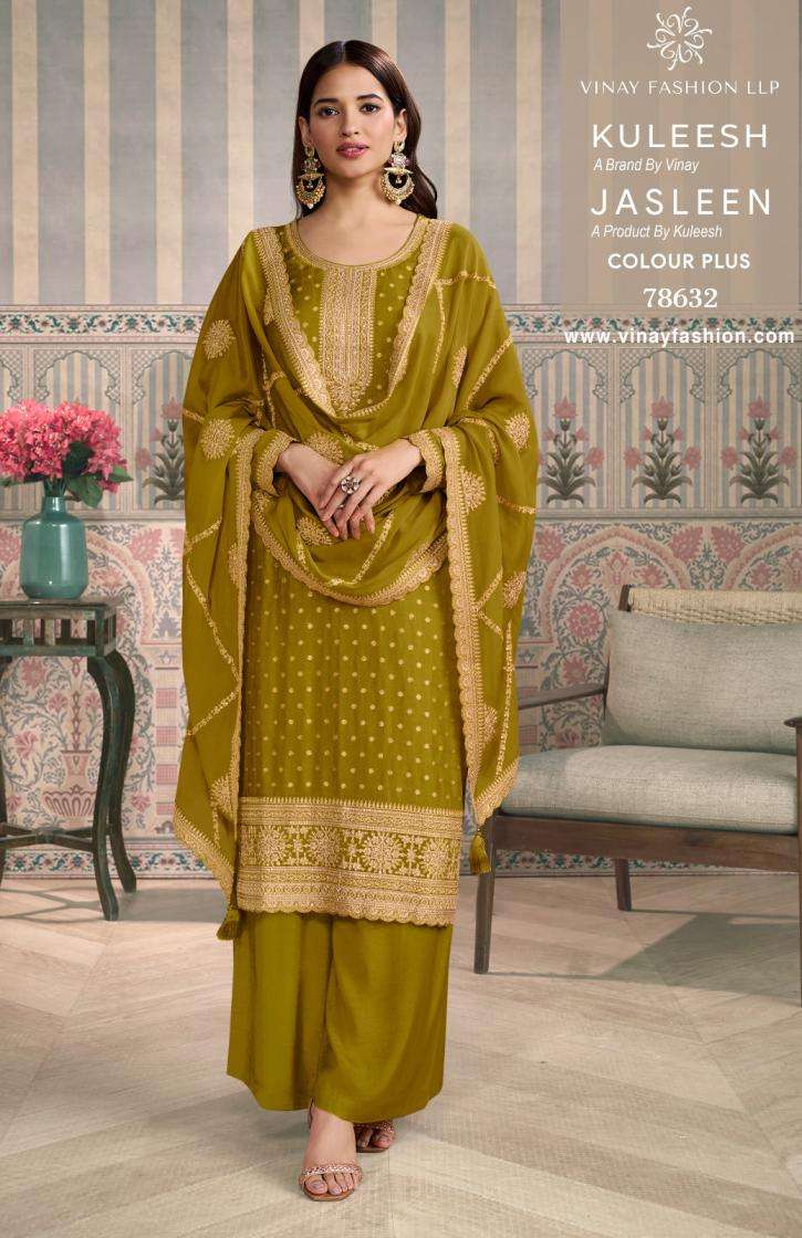 JASLEEN COLOUR PLUS SERIES 78631 TO 78634 BY KULEESH VINAY DESIGNER HEAVY WORK SILK SUITS ARE AVAILABLE AT WHOLESALE PRICE