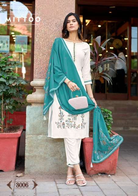 KALAMAY SERIES 3001 TO 3006 BY MITTO DESIGNER THREAD AND HAND WORK HEAVY RAYON TOP WITH BOTTOM AND DUPATTA ARE AVAILABLE AT WHOLESALE PRICE