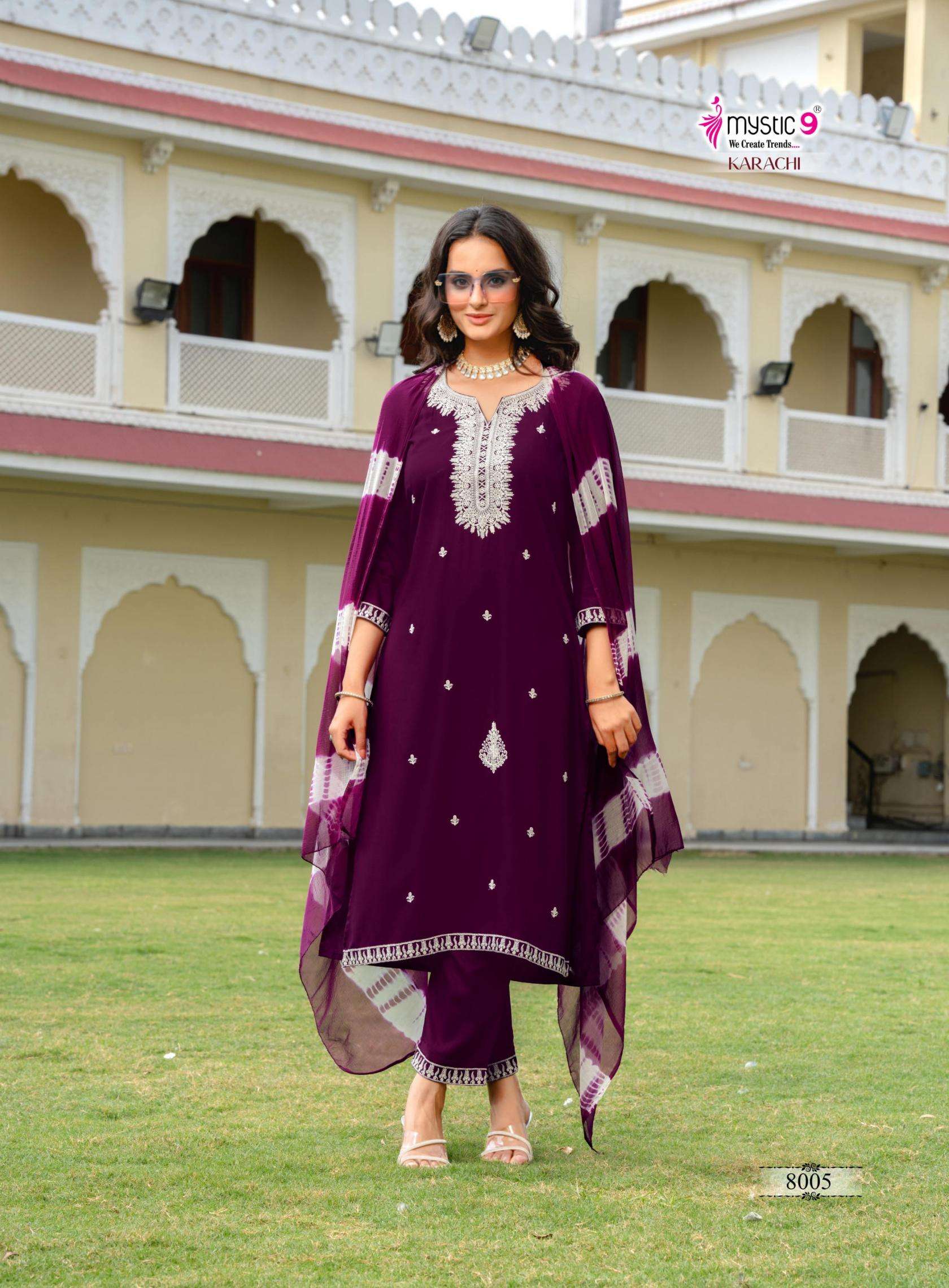 KARACHI VOL-8 SERIES 8001 TO 8006 BY MYSTIC 9 DESIGNER EMBROIDERY WORK RAYON KURTI WITH BOTTOM AND DUPATTA ARE AVAILABLE AT WHOLESALE PRICE