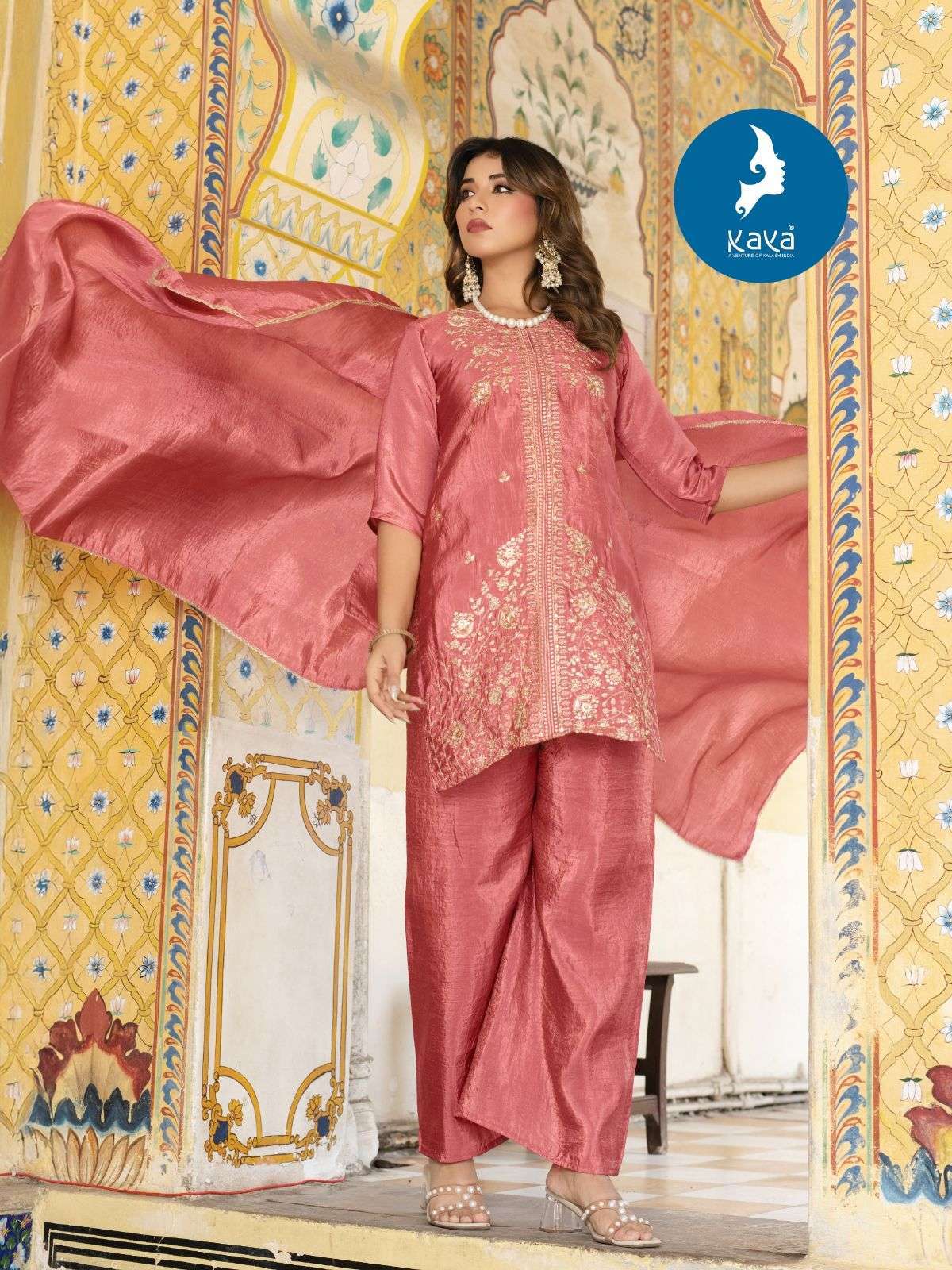 KRISTINA SERIES 01 TO 06 BY KAYA DESIGNER EMBROIDERY WORK CRUSH SILK TOP WITH BOTTOM AND DUPATTA ARE AVAILABLE AT WHOLESALE PRICE