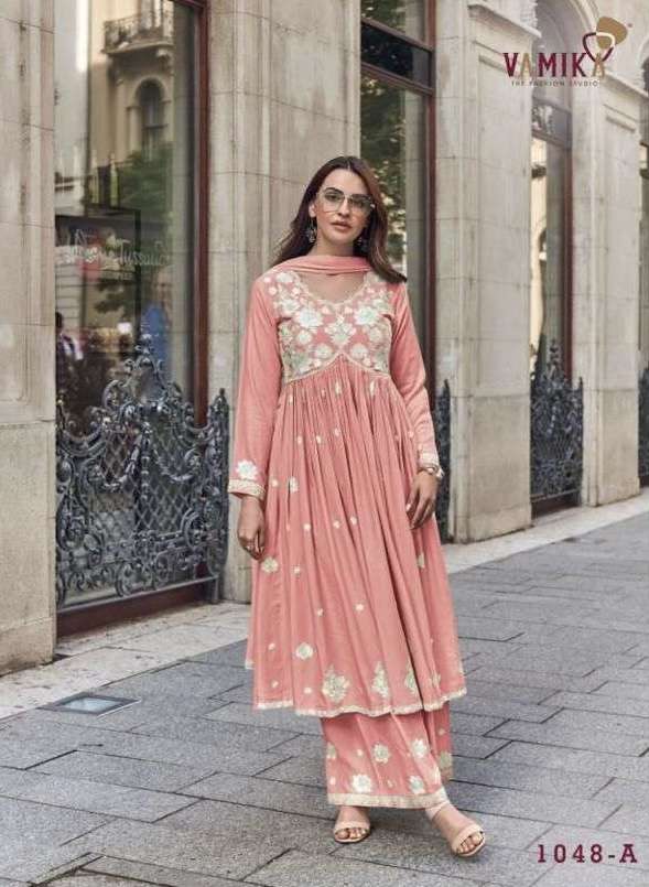 LAKHNAVI VOL-8 SILVER SERIES 1048A TO 1048D BY VAMIKA DESIGNER EMBROIDERY WORK RAYON TOP WITH PLAZZO AND DUPATTA ARE AVAILABLE AT WHOLESALE PRICE