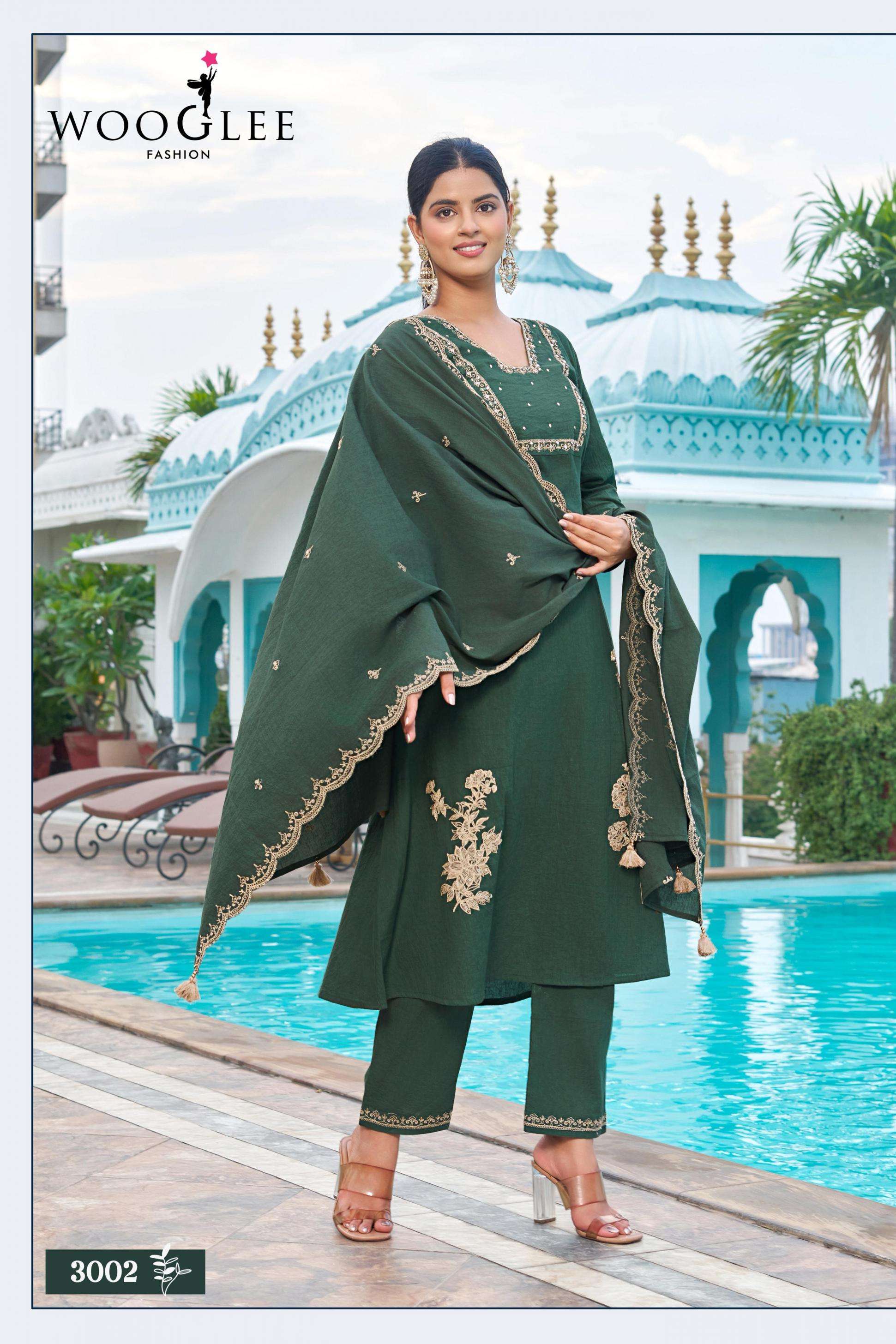 LATIKA SERIES 3001 TO 3004 BY WOOGLEE DESIGNER THREAD AND HAND WORK MUL CHANDERI KURTI WITH BOTTOM AND DUPATTA ARE AVAILABLE AT WHOLESALE PRICE