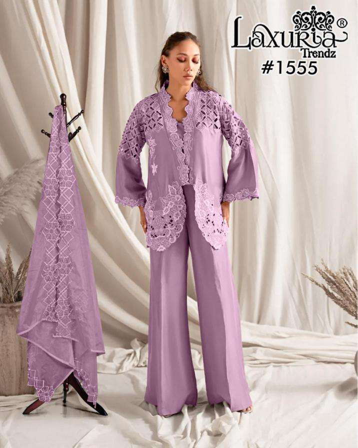 LAXURIA TRENDZ 1555 DESIGNER EMBROIDERY WORK ROMAN SHIMMER TOP WITH PANT AND DUPATTA ARE AVAILABLE AT WHOLESALE PRICE
