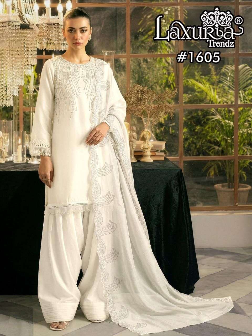 LAXURIA TRENDZ 1605 DESIGNER EMBROIDERY AND HAND WORK SATIN TOP WITH FARSHI BOTTOM AND DUPATTA ARE AVAILABLE AT WHOLESALE PRICE