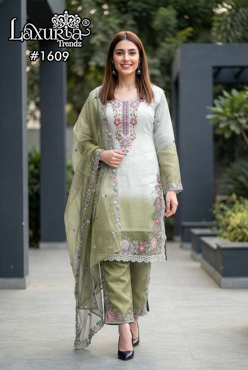 LAXURIA TRENDZ 1609 DESIGNER EMBROIDERY WORK CRUNCHY TOP WITH PANT AND DUPATTA ARE AVAILABLE AT WHOLESALE PRICE