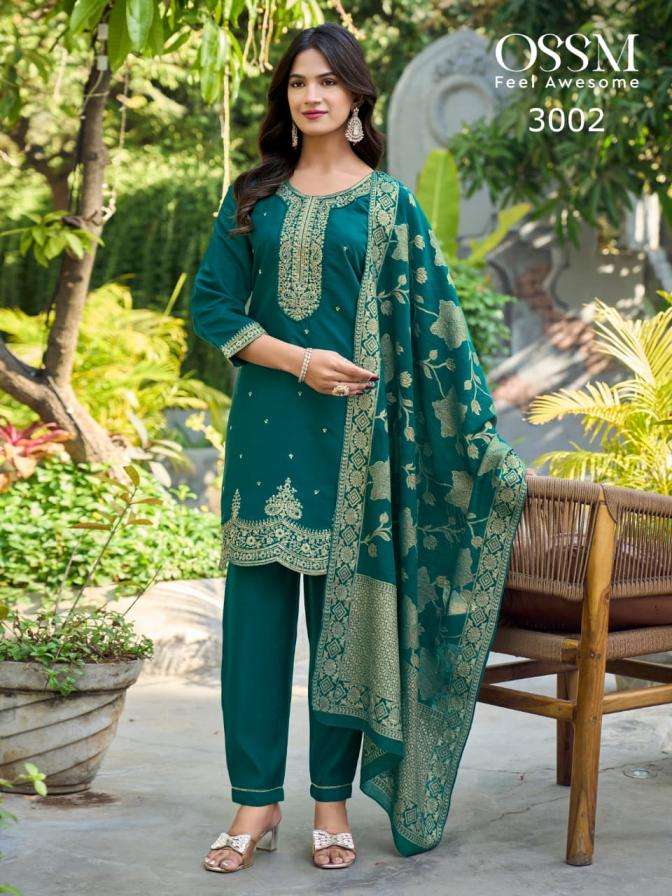 MANNAT VOL-3 SERIES 3001 TO 3006 BY OSSM DESIGNER EMBROIDERY WORK VISCOSE ROMAN SILK TOP WITH BOTTOM AND DUPATTA ARE AVAILABLE AT WHOLESALE PRICE