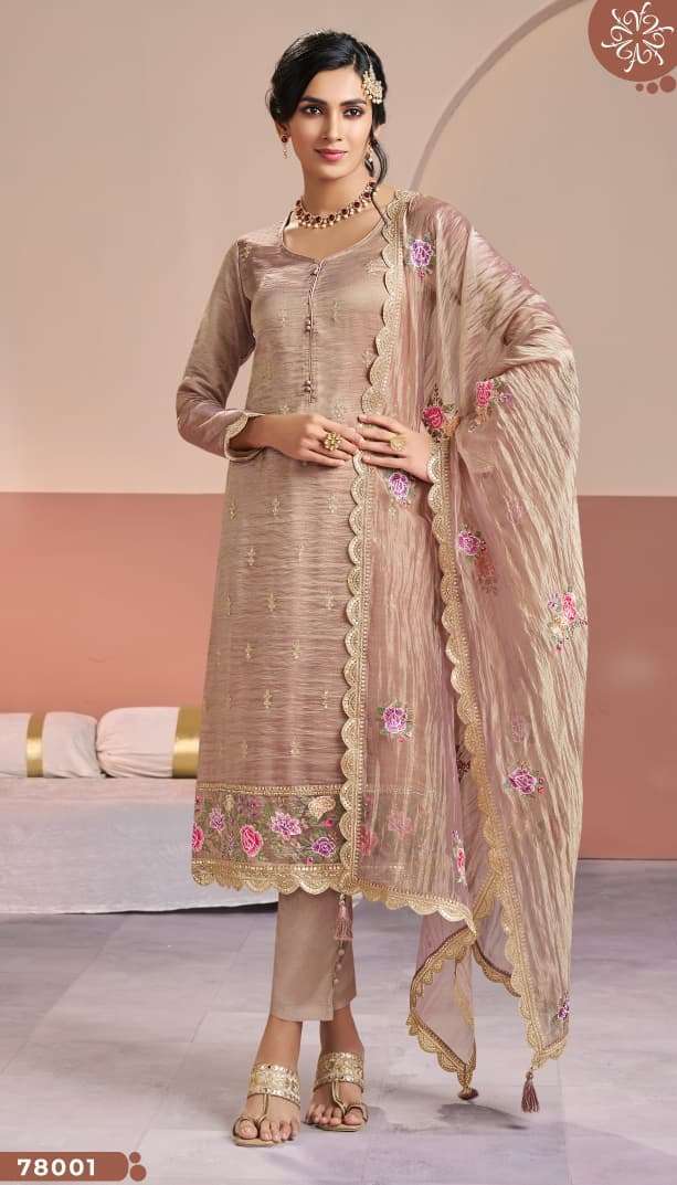 MANNTRAA SERIES 78001 TO 78004 BY KULEESH VINAY DESIGNER WORK GOLD SILK SUITS ARE AVAILABLE AT WHOLESALE PRICE
