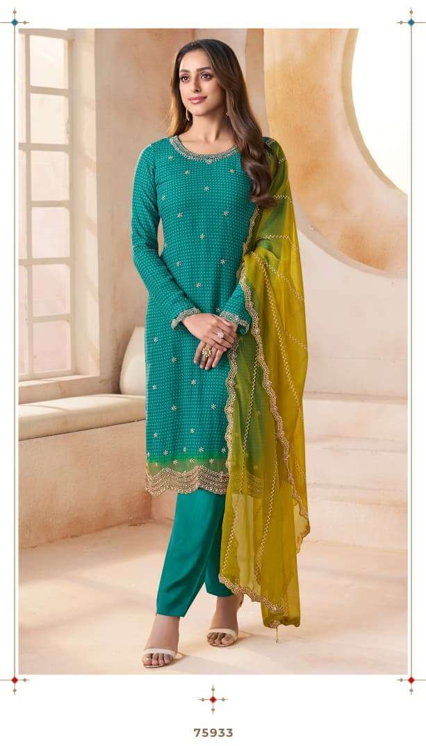 MISHKA SERIES 75931 TO 75934 BY KULEESH VINAY DESIGNER BEADS WORK CHIFFONE ORGANZA SUITS ARE AVAILABLE AT WHOLESALE PRICE