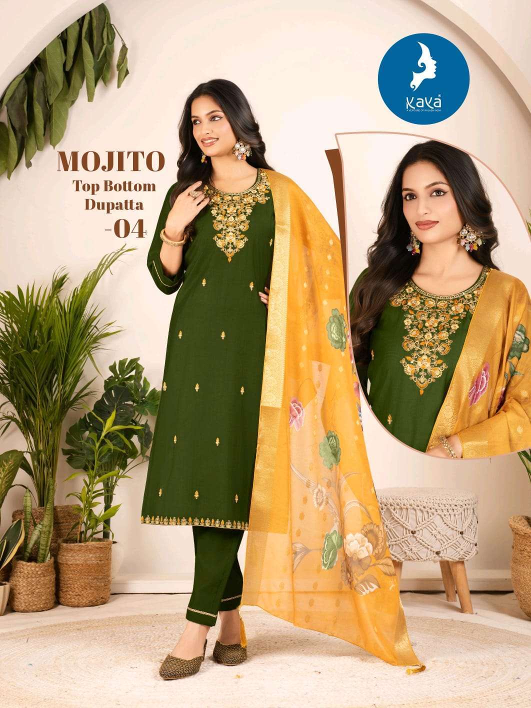 MOJITO SERIES 01 TO 06 BY KAYA DESIGNER WORK VATICAN TOP WITH BOTTOM AND DUPATTA ARE AVAILABLE AT WHOLESALE PRICE