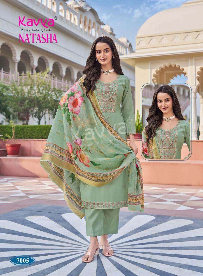 NATASHA VOL-7 SERIES 7001 TO 7010 BY KAVYA DESIGNER PRINTED AND WORK ROMAN SILK TOP WITH BOTTOM AND DUPATTA ARE AVAILABLE AT WHOLESALE PRICE