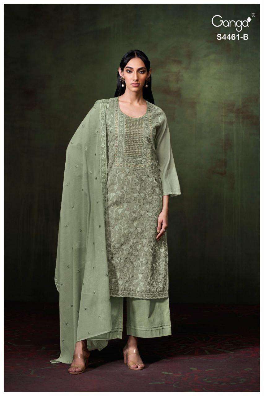 NELORA SERIES 4461 BY GANGA DESIGNER EMBROIDERY AND CUT WORK VISCOSE MUL SUITS ARE AVAILABLE AT WHOLESALE 