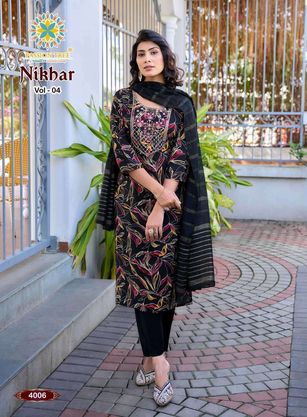 NIKHAAR VOL-4 SERIES 4001 TO 4008 BY PASSION TREE DESIGNER FOIL PRINTED AND WORK RAYON KURTI WITH BOTTOM AND DUPATTA ARE AVAILABLE AT WHOLESALE PRICE