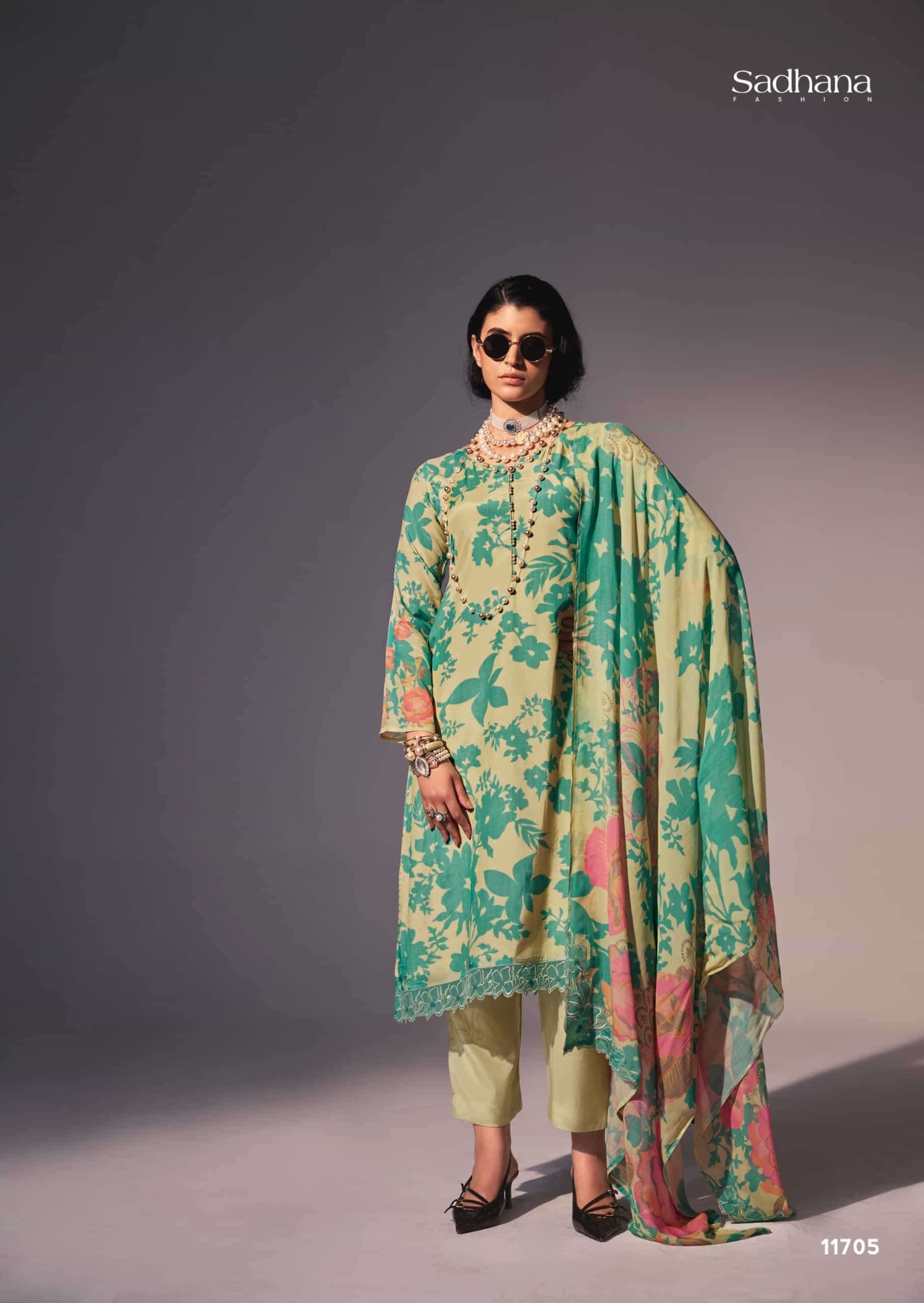 NIMRI SERIES 1701 TO 1706 BY SADHANA DESIGNER DIGITAL PRINTED AND EMBROIDERY WORK BEMBERG MUSLIN SILK SUITS ARE AVAILABLE AT WHOLESALE PRICE