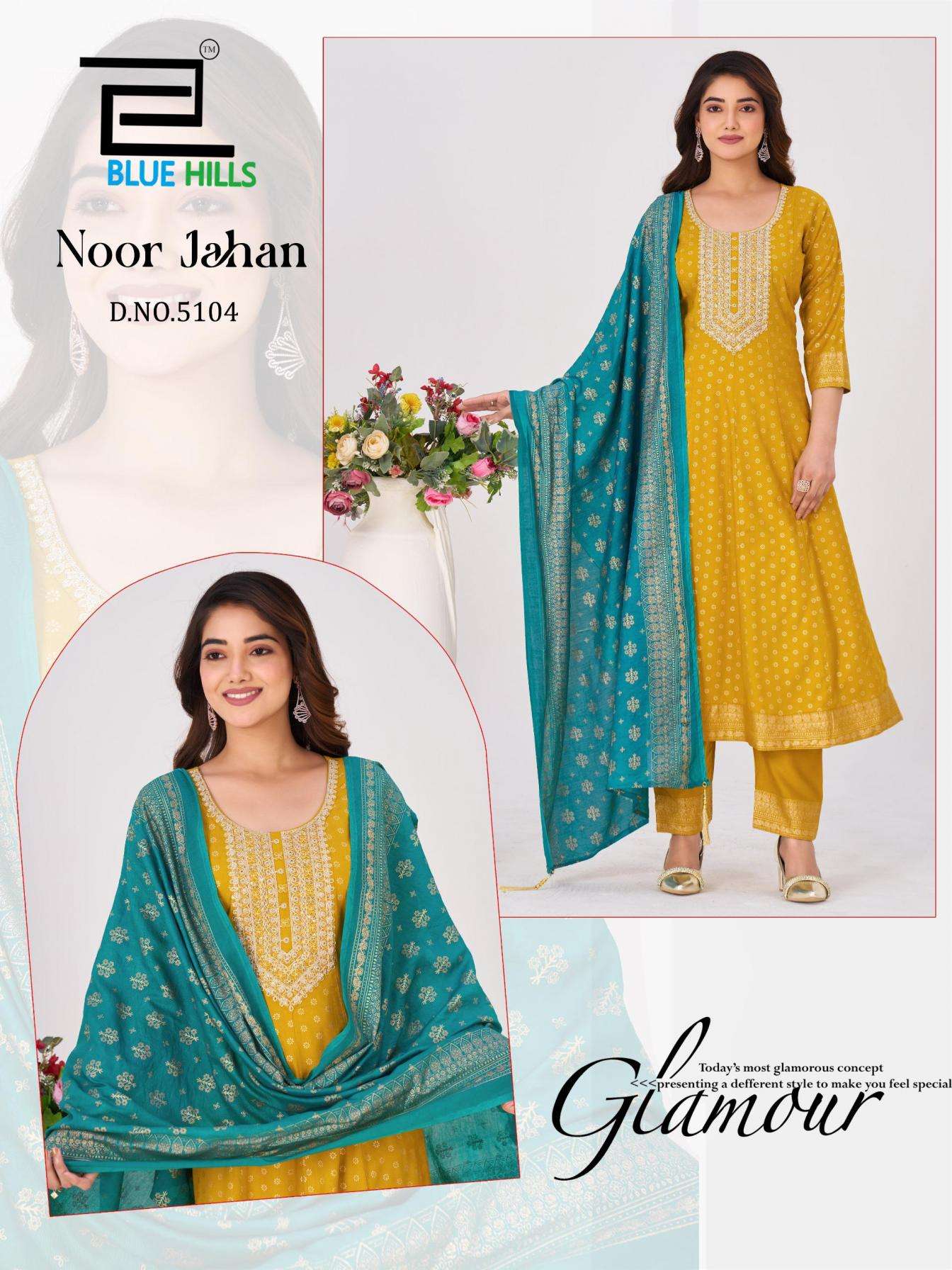 NOOR JAHAN SERIES 5102 TO 5107 BY BLUE HILLS DESIGNER FOIL PRINTED AND WORK ANARKALI RAYON KURTI WITH BOTTOM AND DUPATTA ARE AVAILABLE AT WHOLESALE PRICE