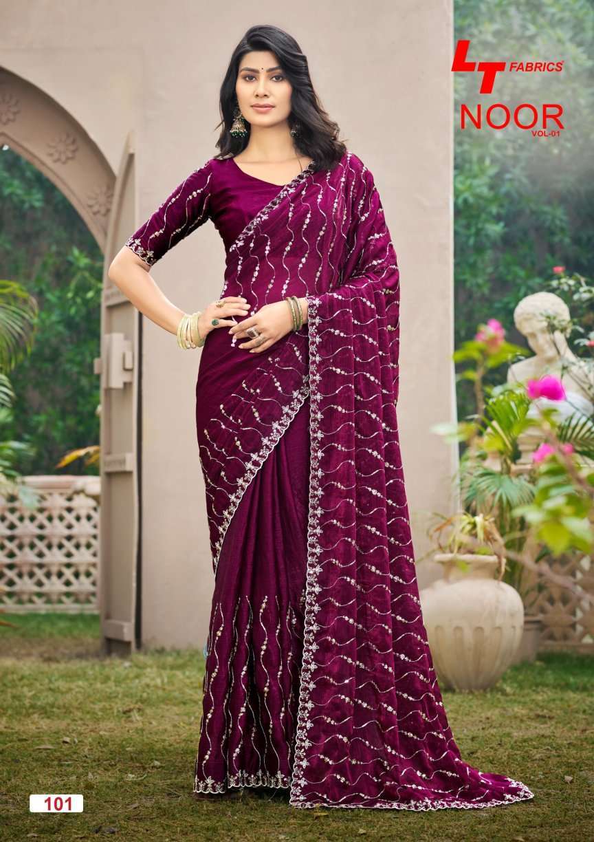 NOOR VOL-1 SERIES 101 TO 106 SAREE BY LT DESIGNER EMBROIDERY WORK FENDY SILK SAREE ARE AVAILABLE AT WHOLESALE PRICE