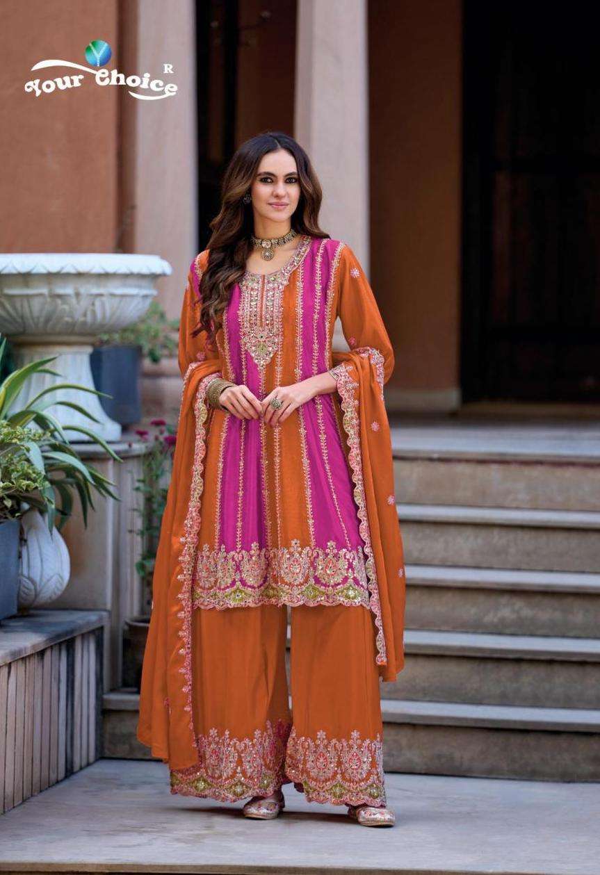 ORRA EDIT VOL-4 SERIES 4001 TO 4002 BY YOUR CHOICE DESIGNER EMBROIDERY WORK CHINON SUITS ARE AVAILABLE AT WHOLESALE PRICE