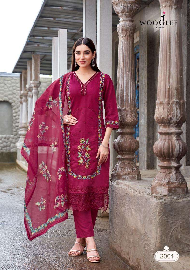 POORVIKA SERIES 2001 TO 2005 BY WOOGLEE DESIGNER THREAD AND HAND WORK MUL CHANDERI TOP WITH BOTTOM AND DUPATTA ARE AVAILABLE AT WHOLESALE PRICE
