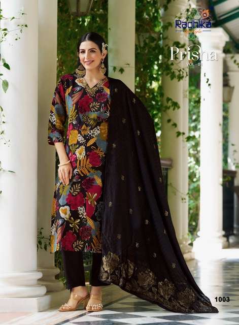 PRISHA VOL-1 SERIES 1001 TO 1006 BY RADHIKA LIFESTYLE DESIGNER DIGITAL PRINTED AND HAND WORK TOP WITH BOTTOM AND DUPATTA ARE AVAILABLE AT WHOLESALE PRICE