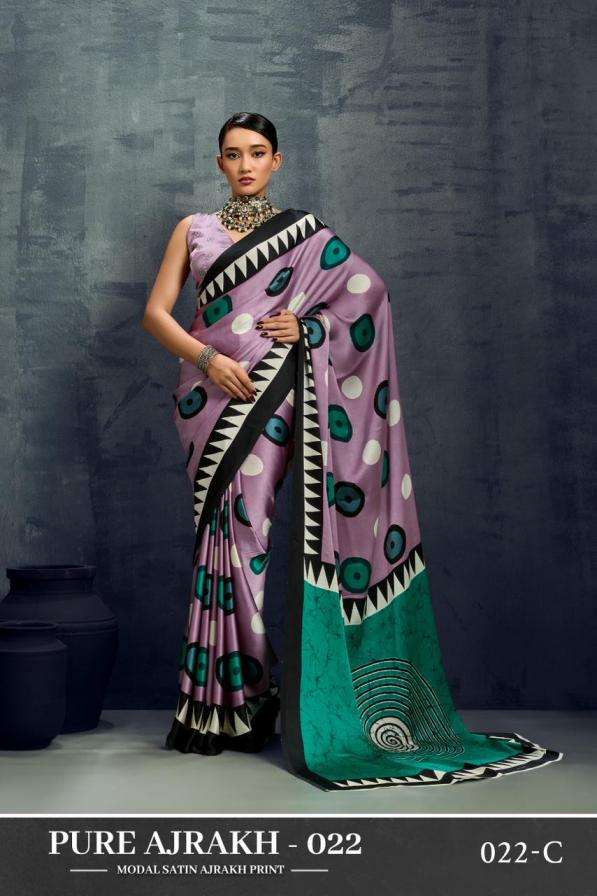 PURE AJRAKH VOL-22 SERIES 022A TO 022F SAREE BY RAJTEX DESIGNER AJRAKH PRINTED MODAL SATIN SAREES ARE AVAILABLE AT WHOLESALE PRICE