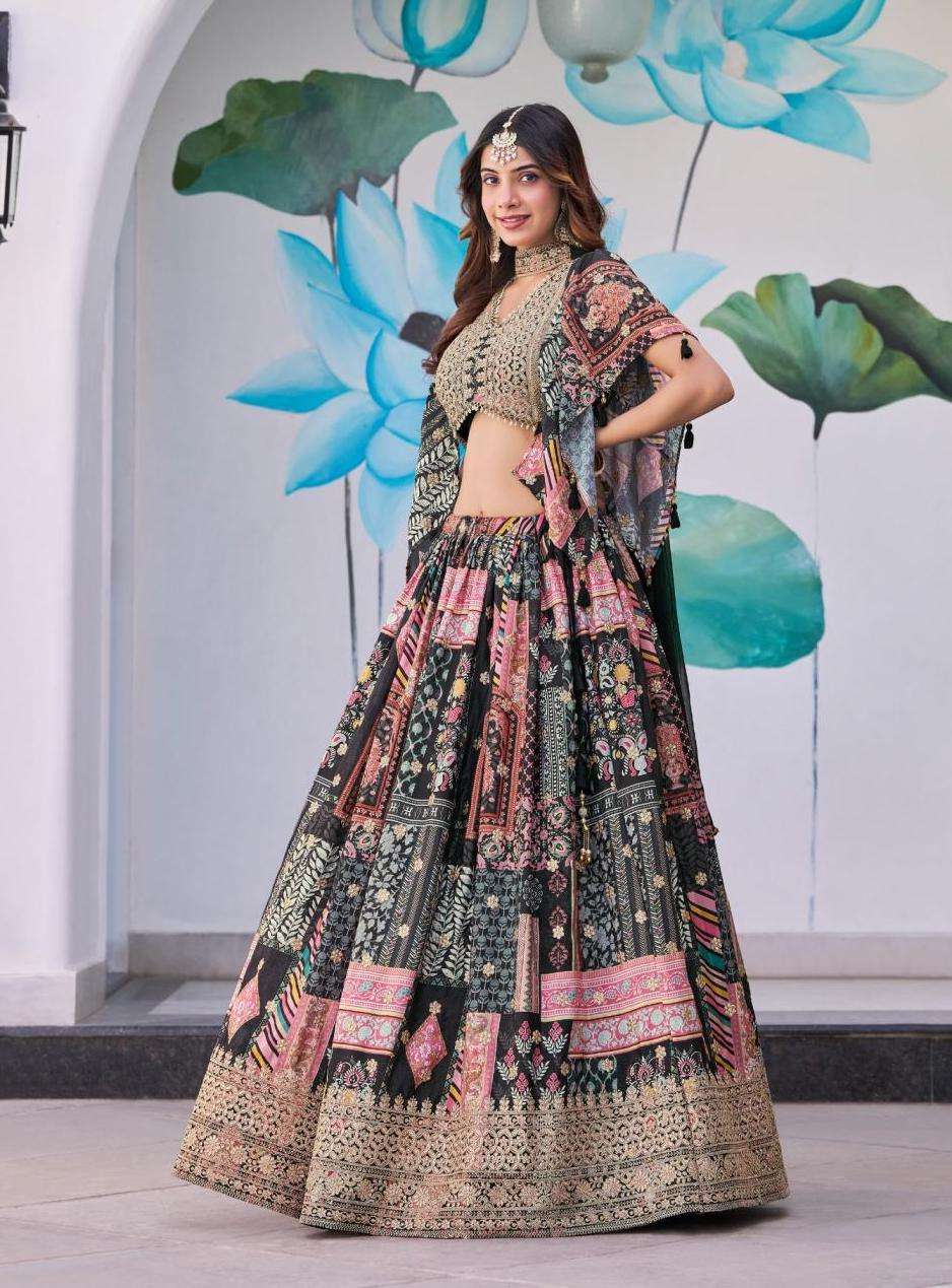 QUEEN SERIES 7050 BY ZEEL DESIGNER PRINTED AND EMBROIDERY WORK CHINON SILK LEHENGAS ARE AVAILABLE AT WHOLESALE PRICE