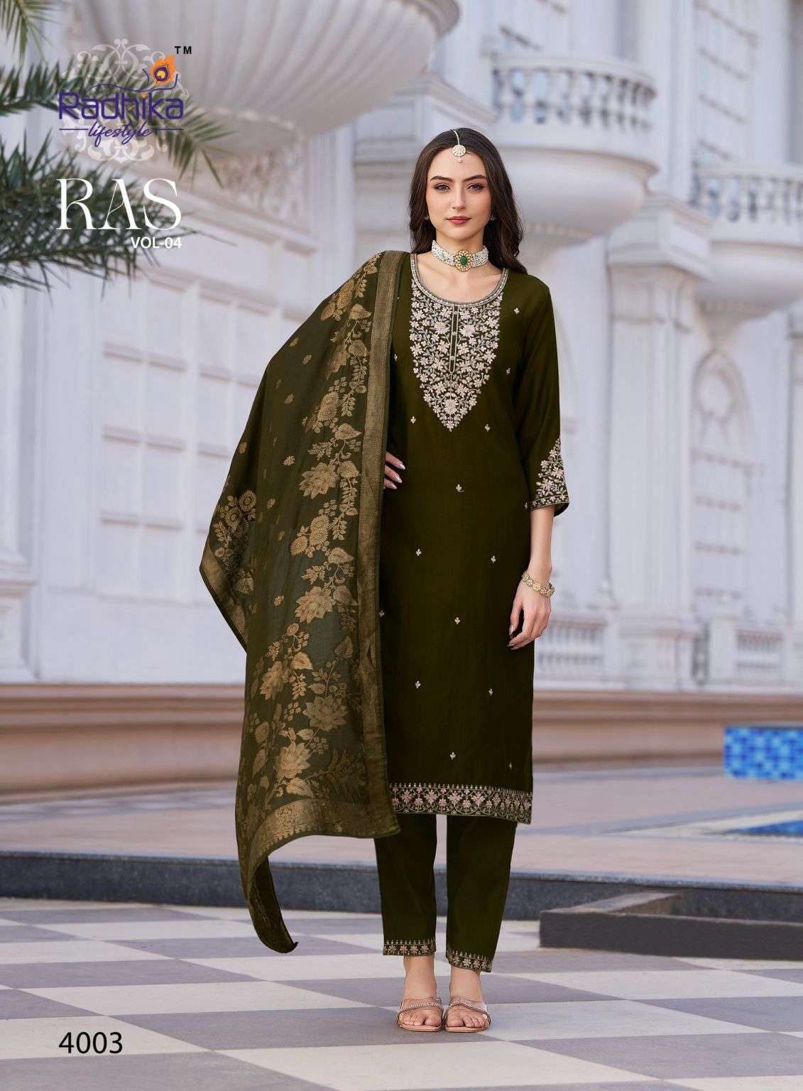 RAS VOL-4 SERIES 4001 TO 4006 BY RADHIKA LIFESTYLE DESIGNER EMBROIDERY WORK VATICAN TOP WITH BOTTOM AND DUPATTA ARE AVAILABLE AT WHOLESALE PRICE