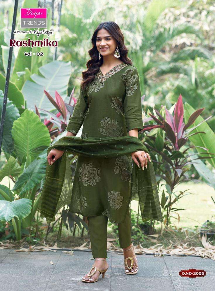 RASHMIKA VOL-2 SERIES 2001 TO 2008 BY DIYA TRENDS DESIGNER PRINTED AND EMBROIDERY WORK VATICAN KURTI WITH BOTTOM AND DUPATTA ARE AVAILABLE AT WHOLESALE PRICE