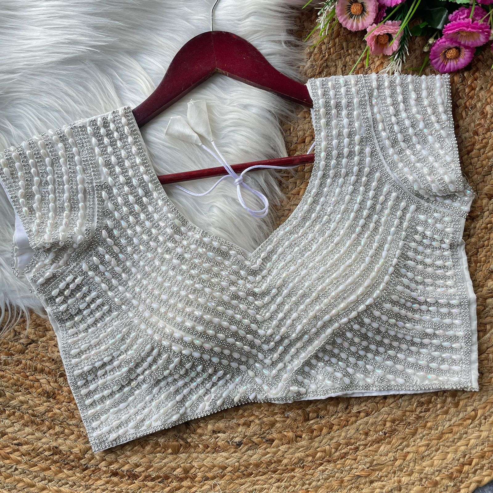 READYMADE BLOUSE SERIES 345 DESIGNER HANDCRAFTED PEARL MOTI AND PIPE WORK READYMADE SILK BLOUSES ARE AVAILABLE AT WHOLESALE PRICE