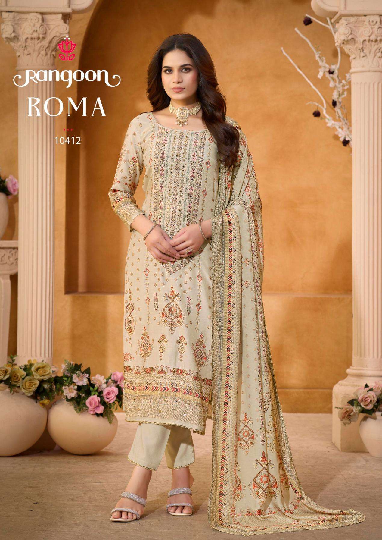 ROMA SERIES 1041 TO 1042 BY RANGOON DESIGNER DIGITAL PRINTED AND WORK MUSLIN TOP WITH BOTTOM AND DUPATTA ARE AVAILABLE AT WHOLESALE PRICE
