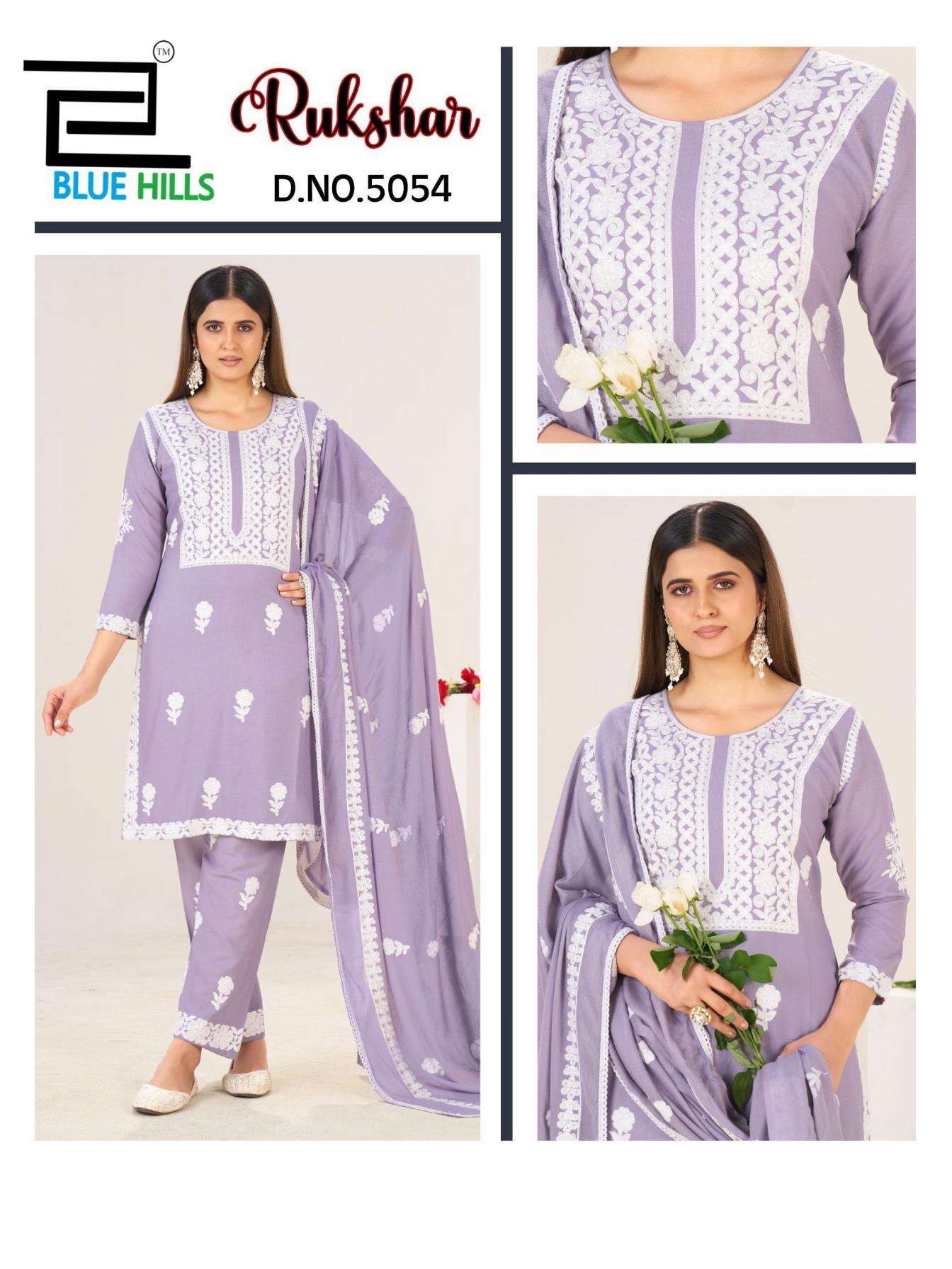 RUKSHAR SERIES 5053 TO 5056 BY BLUE HILLS DESIGNER WHITE THREAD WORK RAYON KURTI WITH BOTTOM AND DUPATTA ARE AVAILABLE AT WHOLESALE PRICE