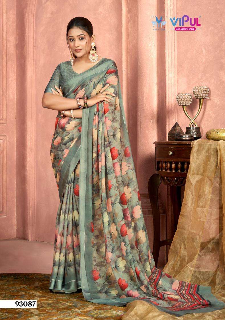 SAMRUDDHI VOL-4 SERIES 93087 TO 93098 SAREE BY VIPUL DESIGNER FLORAL PRINTED DULL MOSS SAREES ARE AVAILABLE AT WHOLESALE PRICE