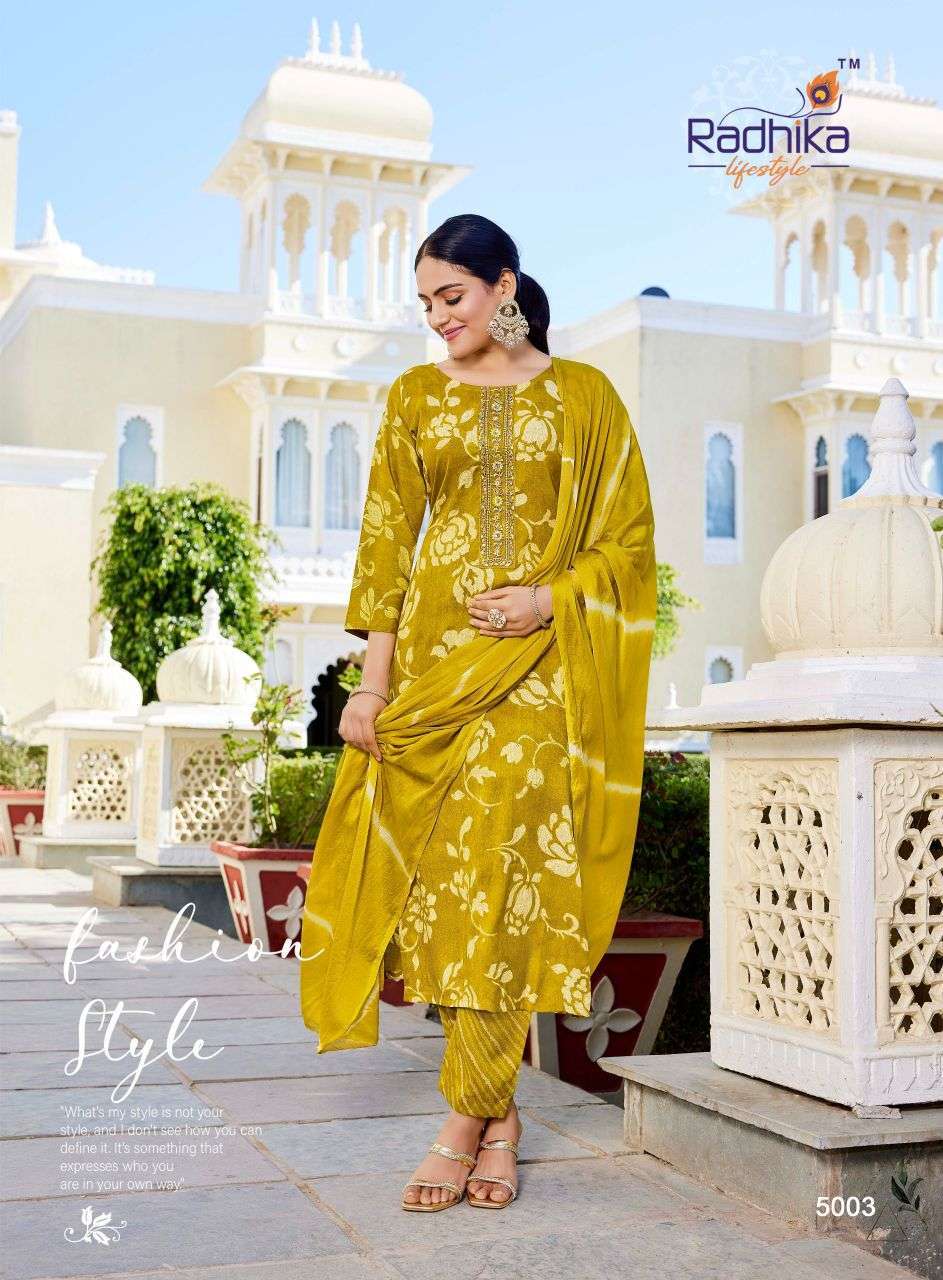 SIRI VOL-5 SERIES 5001 TO 5008 BY RADHIKA LIFESTYLE DESIGNER PRINTED RAYON TOP WITH BOTTOM AND DUPATTA ARE AVAILABLE AT WHOLESALE PRICE