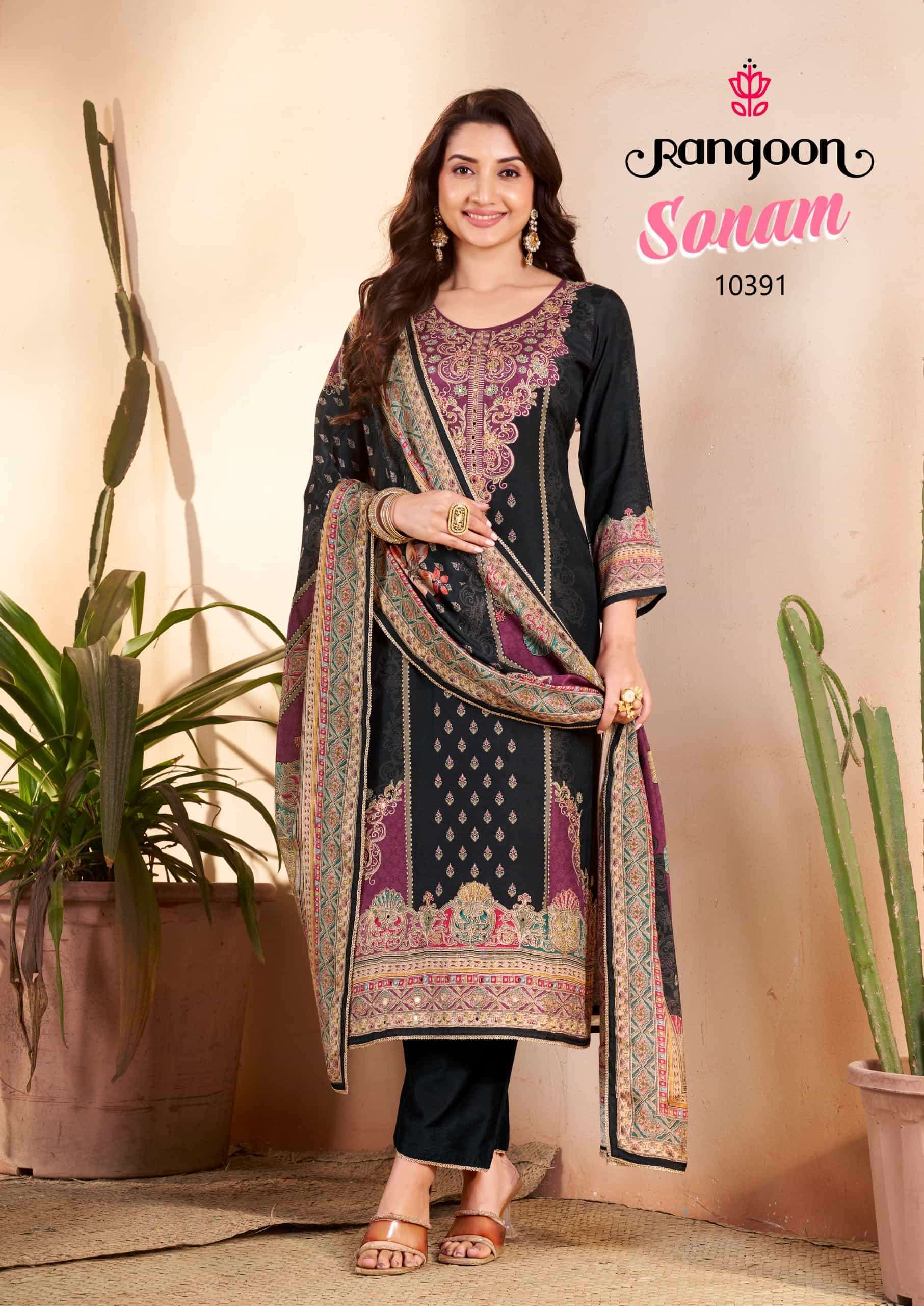 SONAM SERIES 10391 TO 10394 BY RANGOON DESIGNER DIGITAL PRINTED AND WORK MUSLIN TOP WITH BOTTOM AND DUPATTA ARE AVAILABLE AT WHOLESALE PRICE