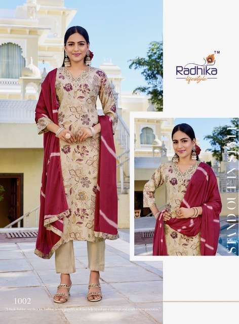 SUHAG VOL-1 SERIES 1001 TO 1008 BY RADHIKA LIFESTYLE DESIGNER PRINTED FANCY KURTI WITH BOTTOM AND DUPATTA ARE AVAILABLE AT WHOLESALE PRICE