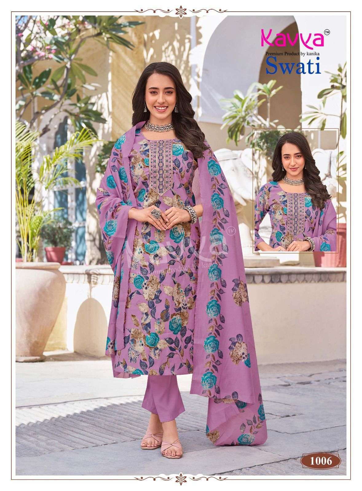 SWATI VOL-1 SERIES 1001 TO 1010 BY KAVYA DESIGNER DISCHARGE PRINT EMBROIDERY WORK CHANDERI SILK TOP WITH BOTTOM AND DUPATTA ARE AVAILABLE AT WHOLESALE PRICE