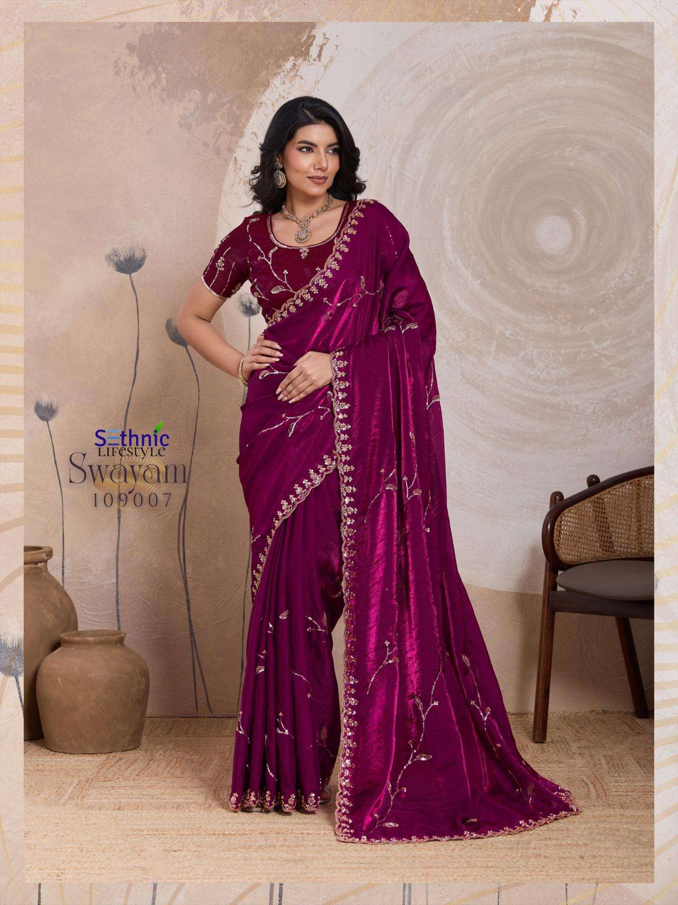 SWAYAM SERIES 109001 TO 109008 SAREE BY SETHNIC DESIGNER FANCY WORK METALLIC VELVET SATIN SAREES ARE AVAILABLE AT WHOLESALE PRICE