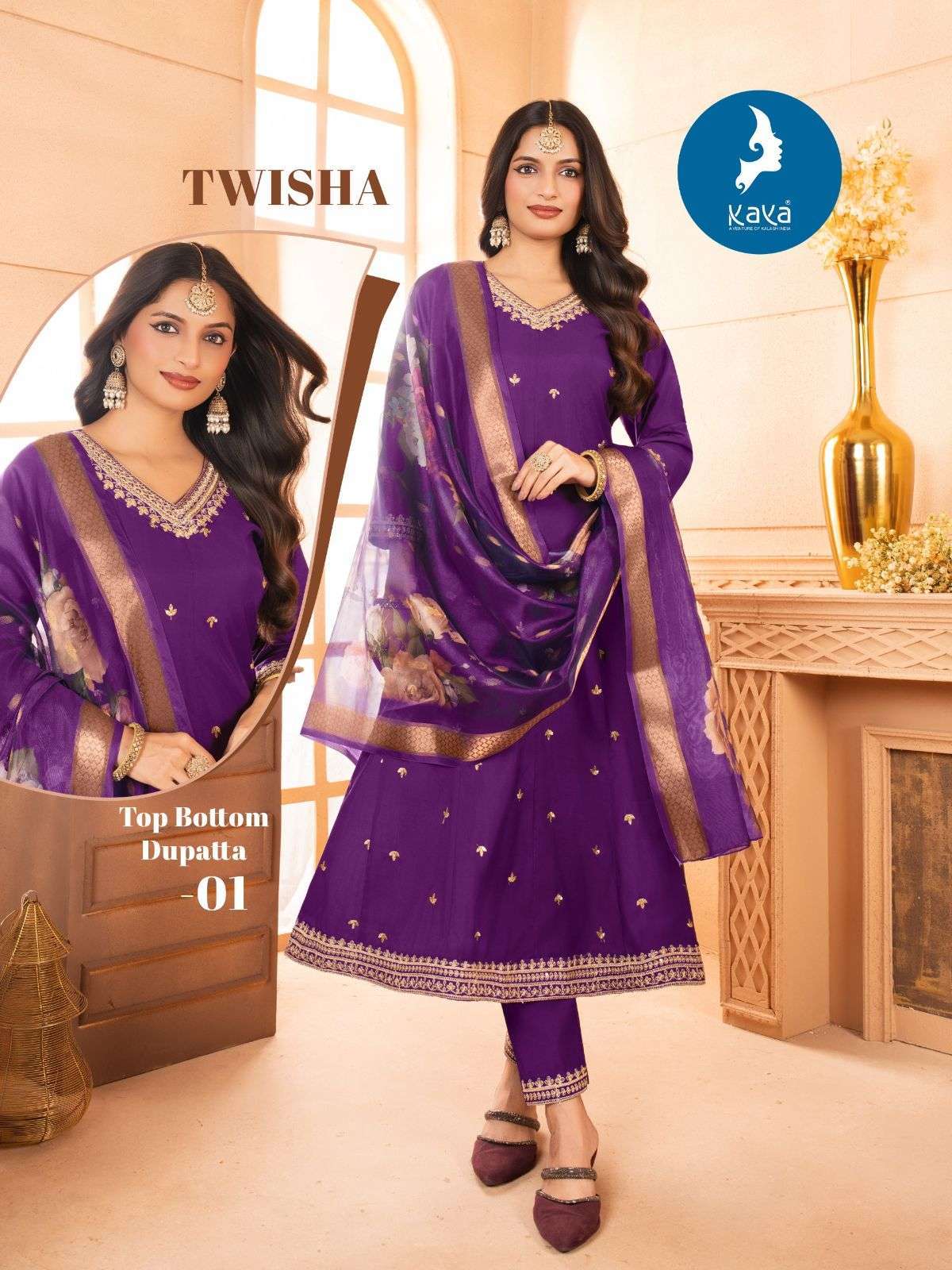 TWISHA SERIES 01 TO 06 BY KAYA DESIGNER ROMAN SILK ANARKALI KURTI WITH BOTTOM AND DUPATTA ARE AVAILABLE AT WHOLESALE PRICE