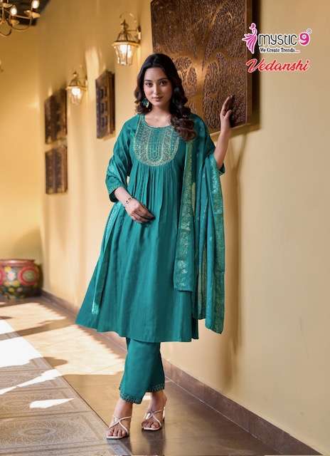 VEDANSHI VOL-1 SERIES 1001 TO 1008 BY MYSTIC 9 DESIGNER EMBROIDERY WORK DOBBY VATICAN KURTI WITH BOTTOM AND DUPATTA ARE AVAILABLE AT WHOLESALE PRICE