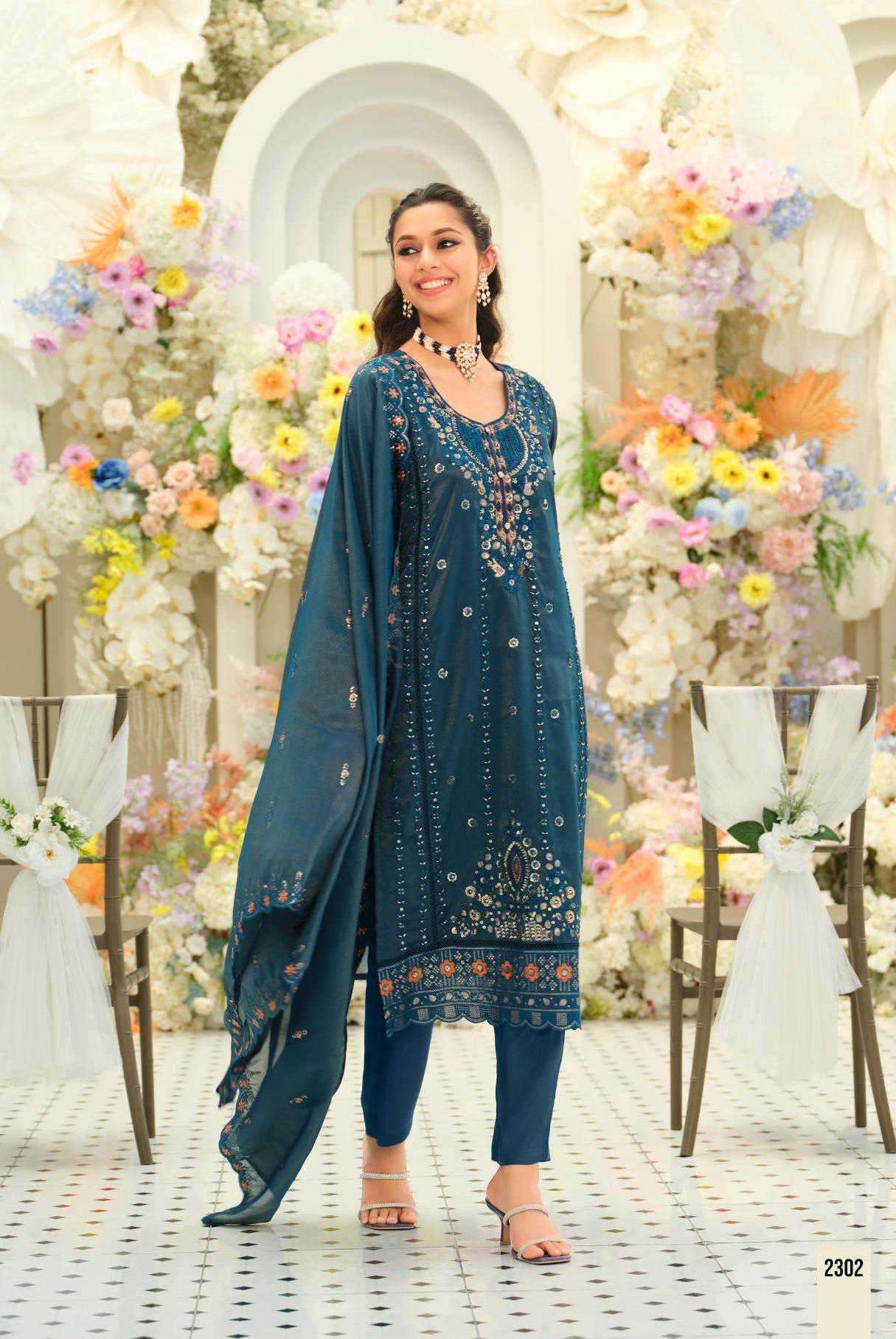 AAROHI SERIES 2301 TO 2303 BY ZAVERI DESIGNER BEADS EMBROIDERY WORK SHIMMER SILK READYMADE SUITS ARE AVAILABLE AT WHOLESALE PRICE