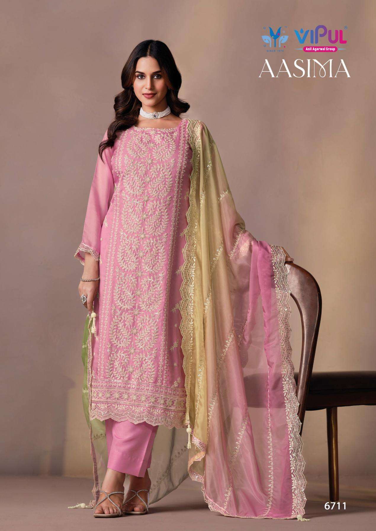 AASIMA SERIES 6711 TO 6716 BY VIPUL DESIGNER EMBROIDERY AND HEAVY BEADS WORK ORGANZA SUITS ARE AVAILABLE AT WHOLESALE PRICE