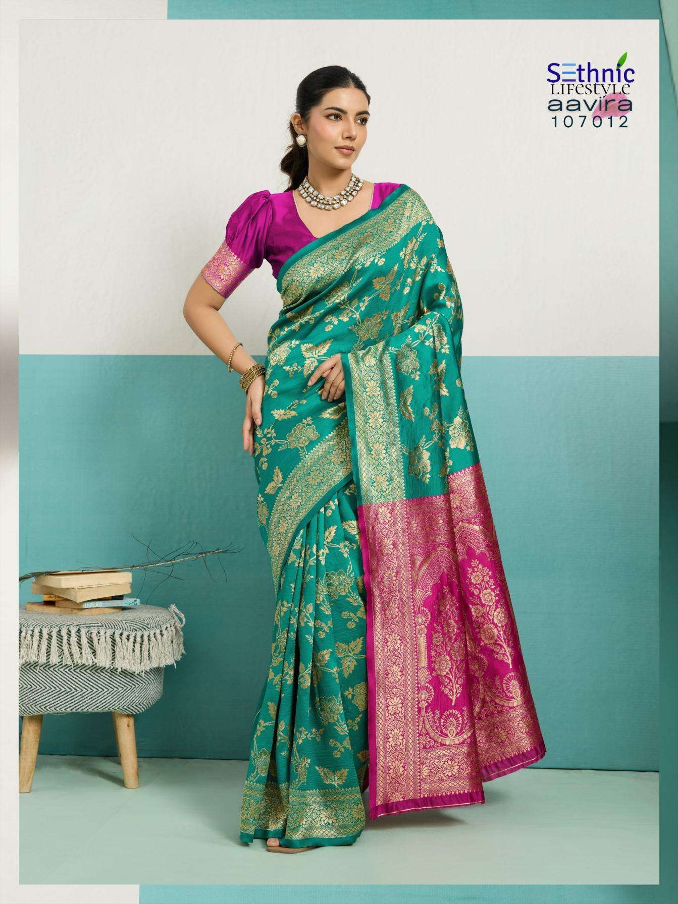 AAVIRA SERIES 107001 TO 107015 SAREE BY SETHNIC DESIGNER ZARI WOVEN BANARASI SILK SAREES ARE AVAILABLE AT WHOLESALE PRICE